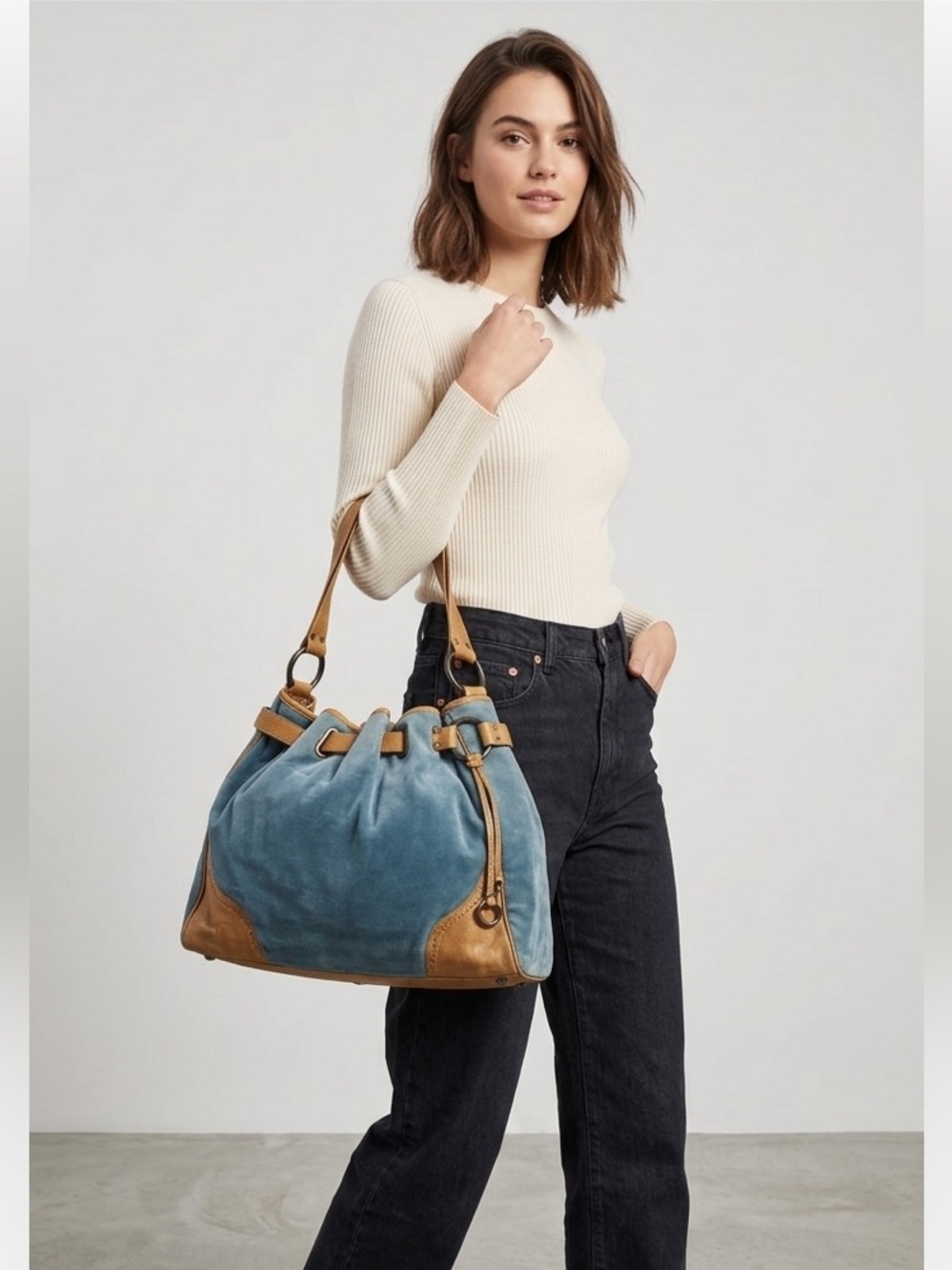 Kooba Blue Velvet Leather Trim Hobo-style shoulder bag